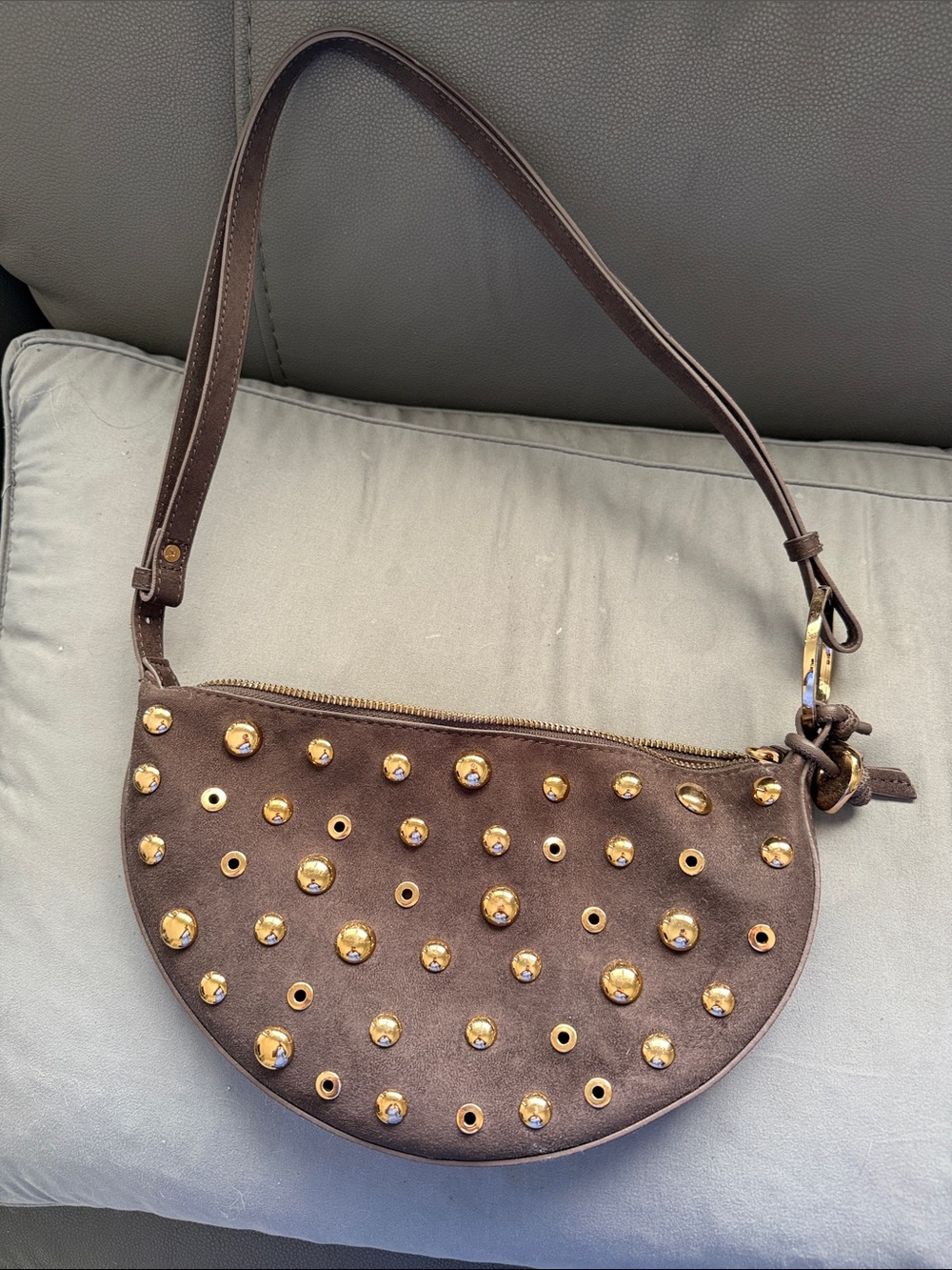 Zara Brown Studded Half-Moon Shoulder Bag